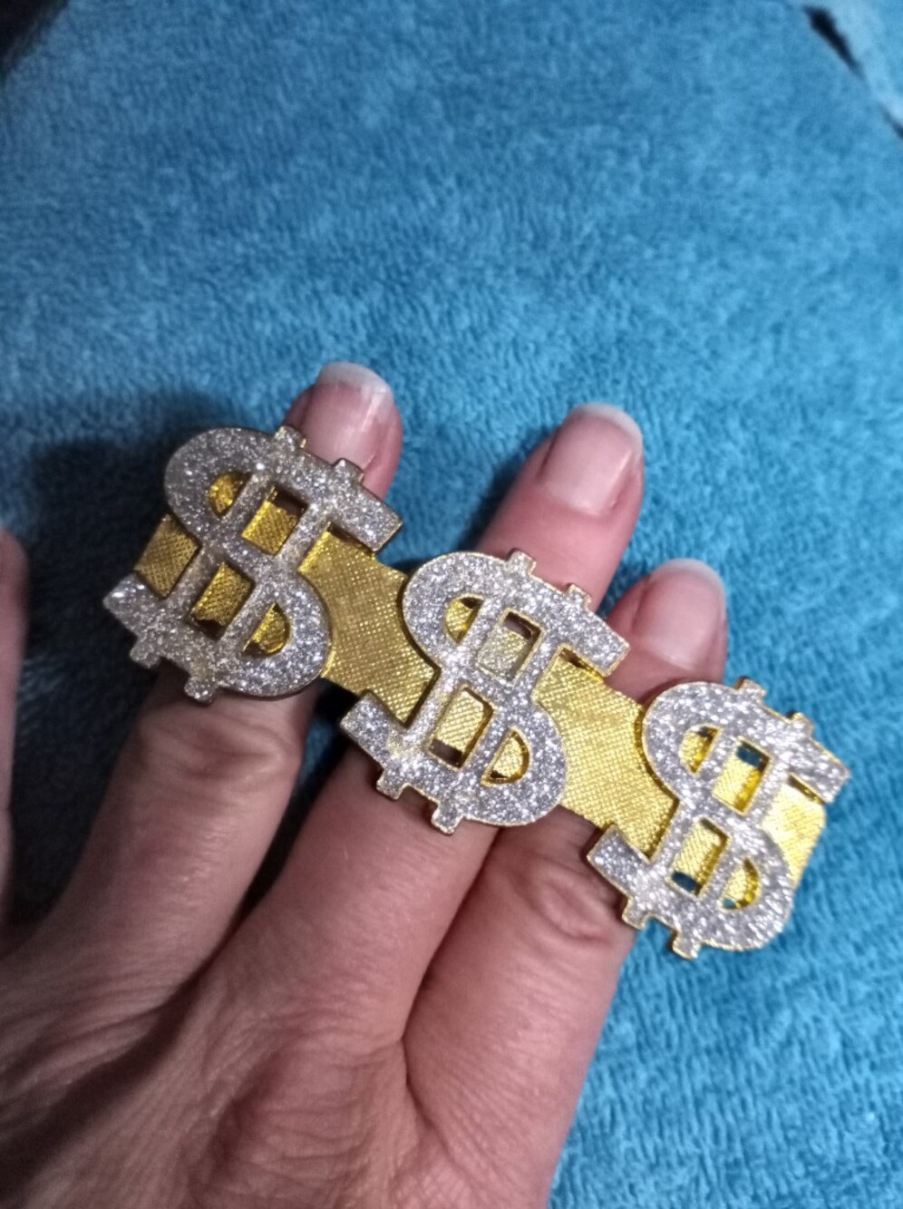Dollar Sign Triple Ring - Gold & Silver Glitter Statement Ring - Adjustable